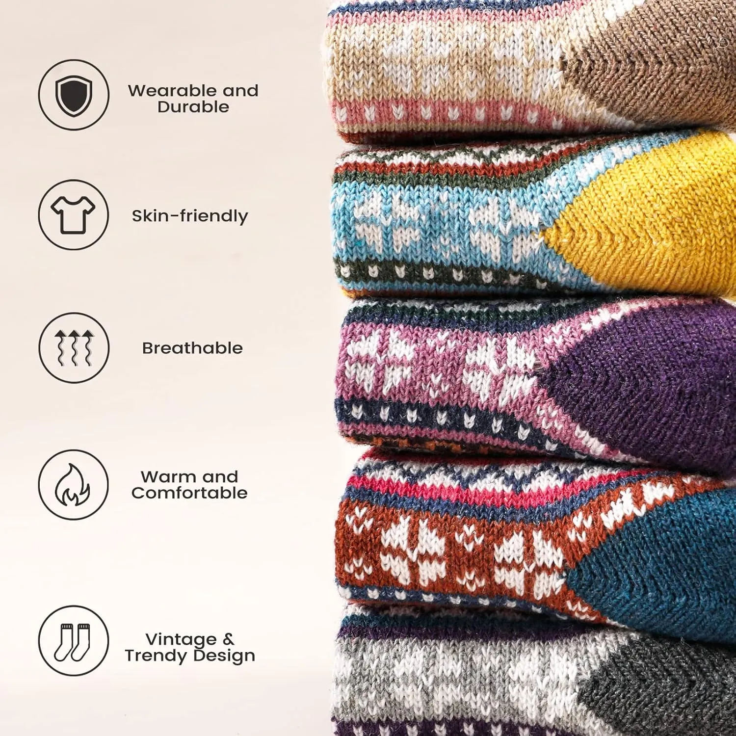 5 Pairs Wool Socks - Wool Socks for Women, Cozy Crew Socks, Warm Winter Socks for Women, Womens Vintage Socks, 6-10