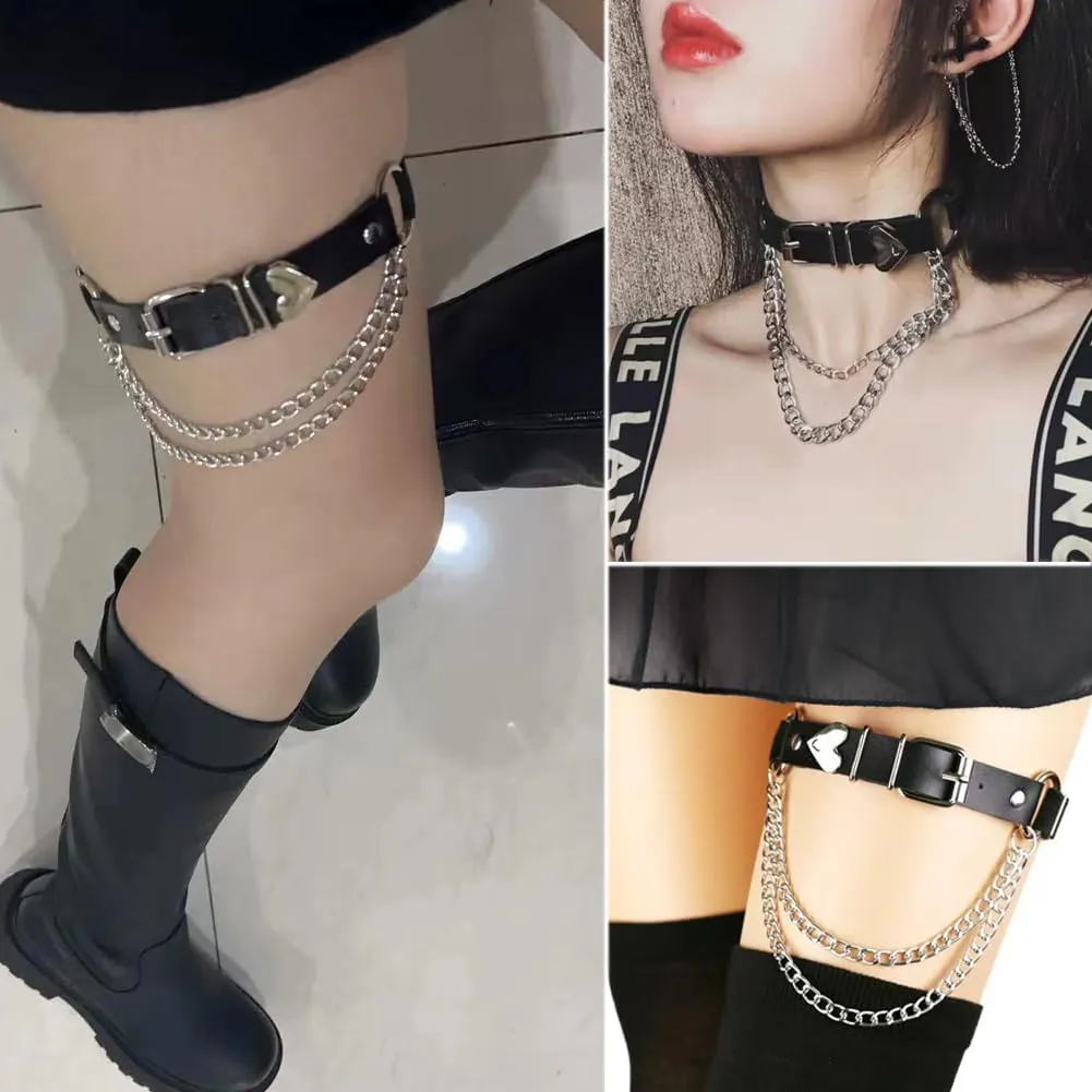 Adjustable Heart-Shaped Thigh Garter 2 Pieces Punk Leather Garter Belts Leg Garter with Chains Body Accessories