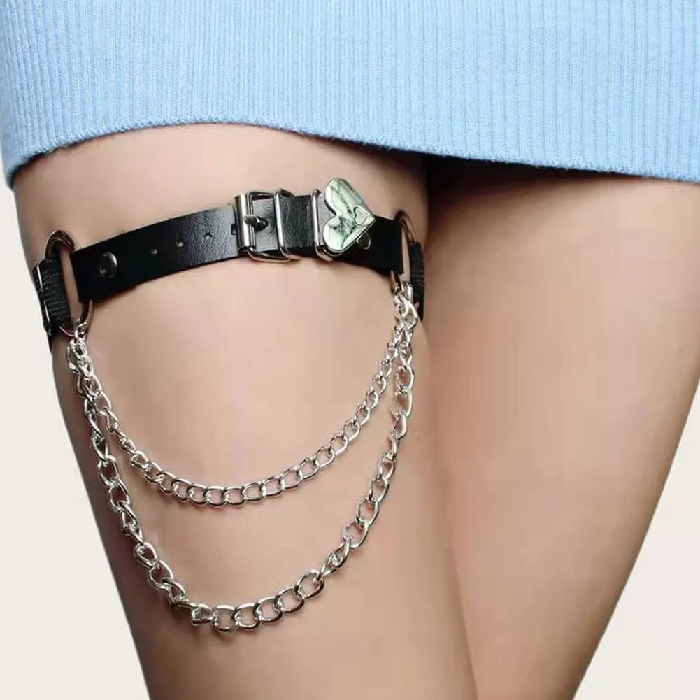 Adjustable Heart-Shaped Thigh Garter 2 Pieces Punk Leather Garter Belts Leg Garter with Chains Body Accessories