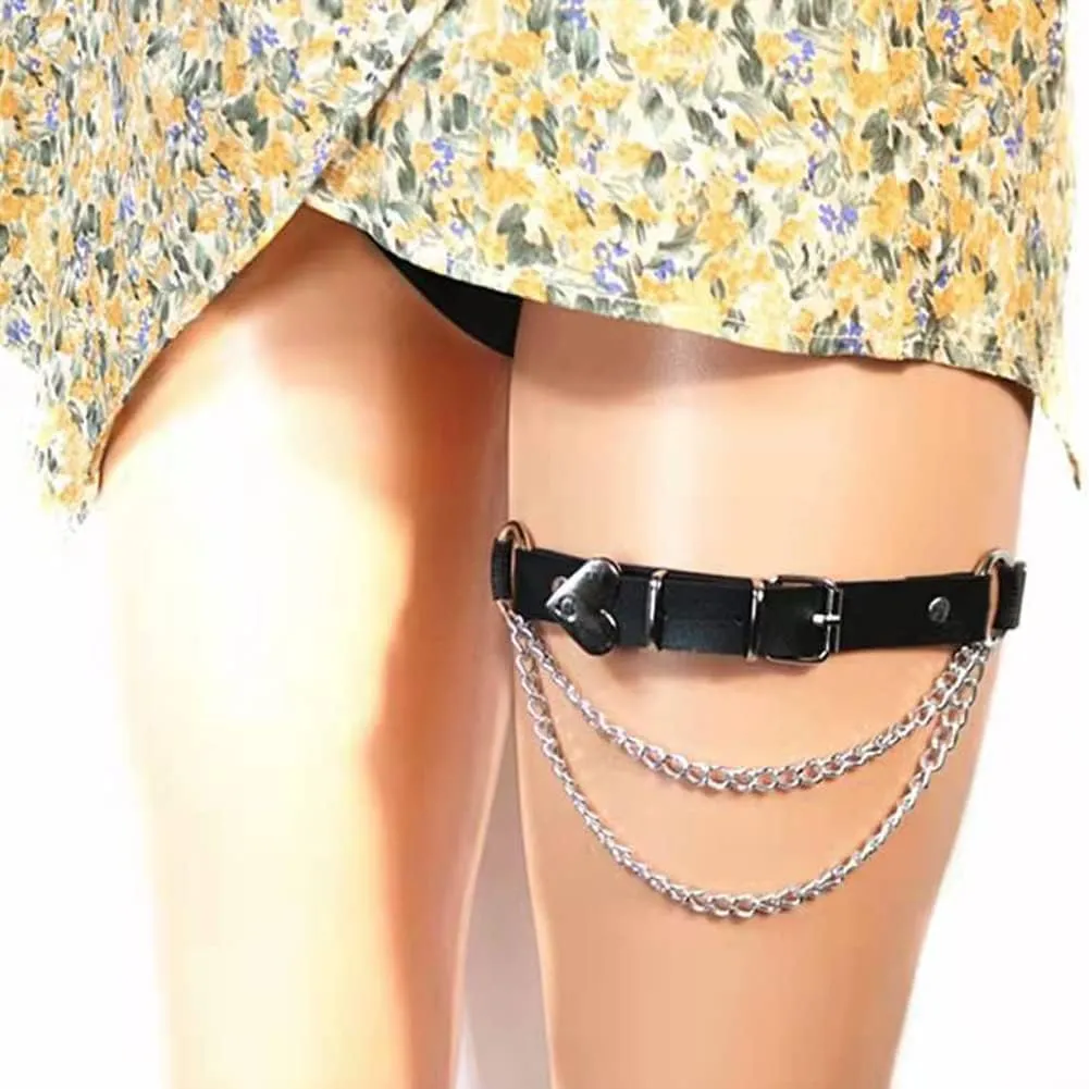 Adjustable Heart-Shaped Thigh Garter 2 Pieces Punk Leather Garter Belts Leg Garter with Chains Body Accessories