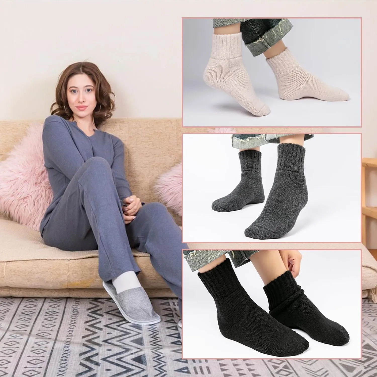 Boot Socks for Women Winter Crew Socks Thick Warm Cozy Ankle Socks for Women Solid Color Hiking Sokcs Gift 3 Pack