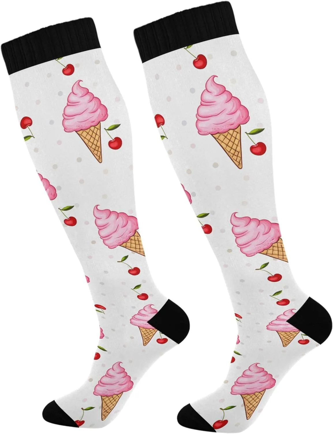 Burbuja Ice Cream Cones Cherries Compression Socks for Women Men (20-30mmHg), Knee High Socks Circulation Support for Sport Running Hiking Nurse, 1 Pair