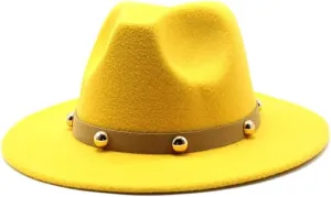 Cap Single-Color Autumn and Winter Wool Felt Hats Simple Rivet Belt Woolen Top Hat, Flat Brim Large Brim Jazz Hat Fengyan Cowboy Hats (Color : Rose Red, Size : Medium(56-58cm))