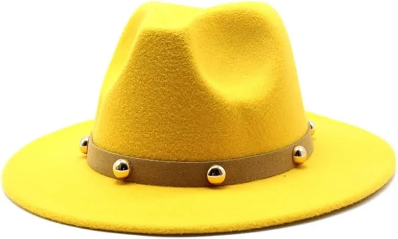 Cap Single-Color Autumn and Winter Wool Felt Hats Simple Rivet Belt Woolen Top Hat, Flat Brim Large Brim Jazz Hat Fengyan Cowboy Hats (Color : Rose Red, Size : Medium(56-58cm))