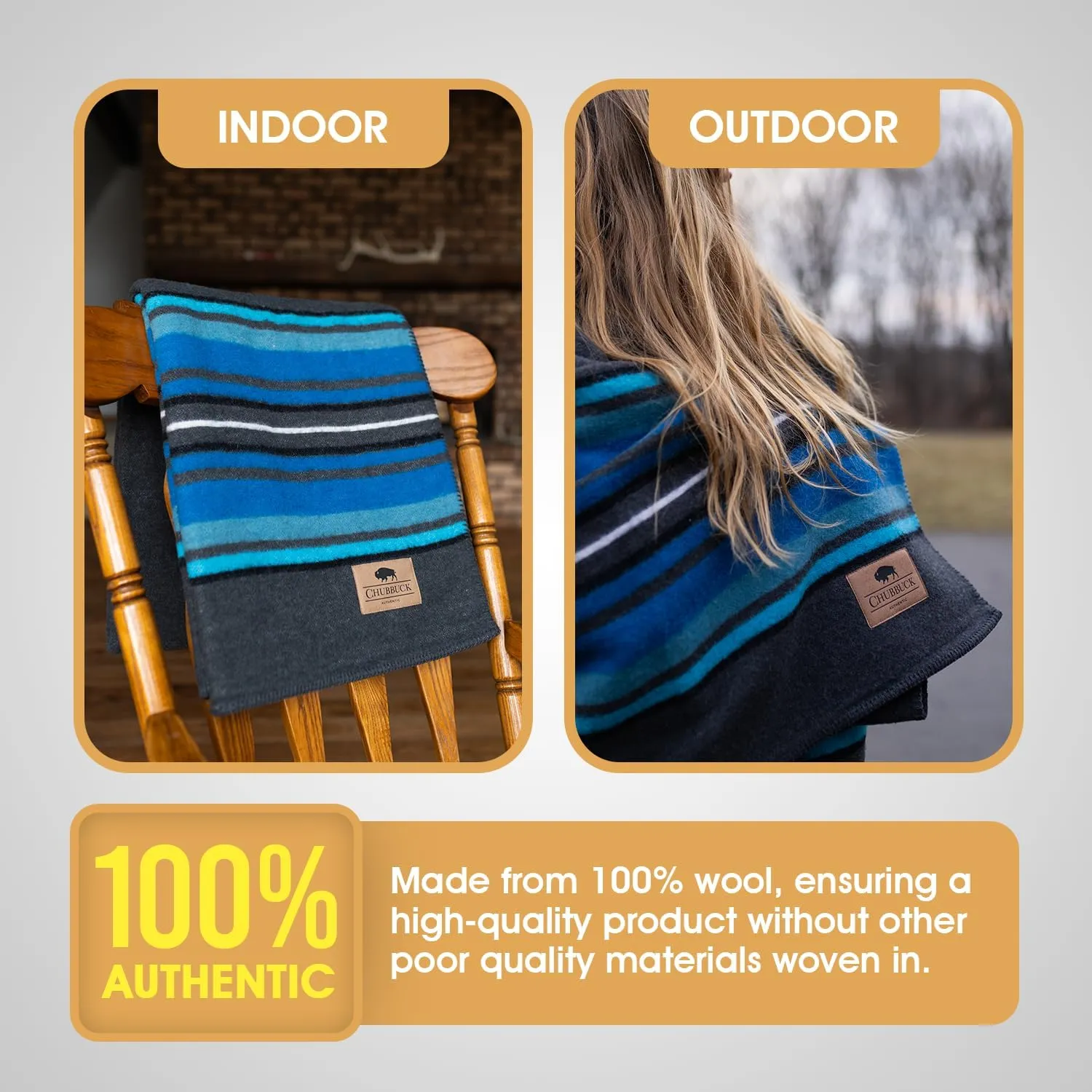 Chubbuck 100% Wool Blanket Camping (60" x 84") - Large Wool Blanket for Outdoor, Survival Kit, Emergency, Camping and Home Use - Fire Retardant, Soft and Warm Blankets for Winter (Lakeland)