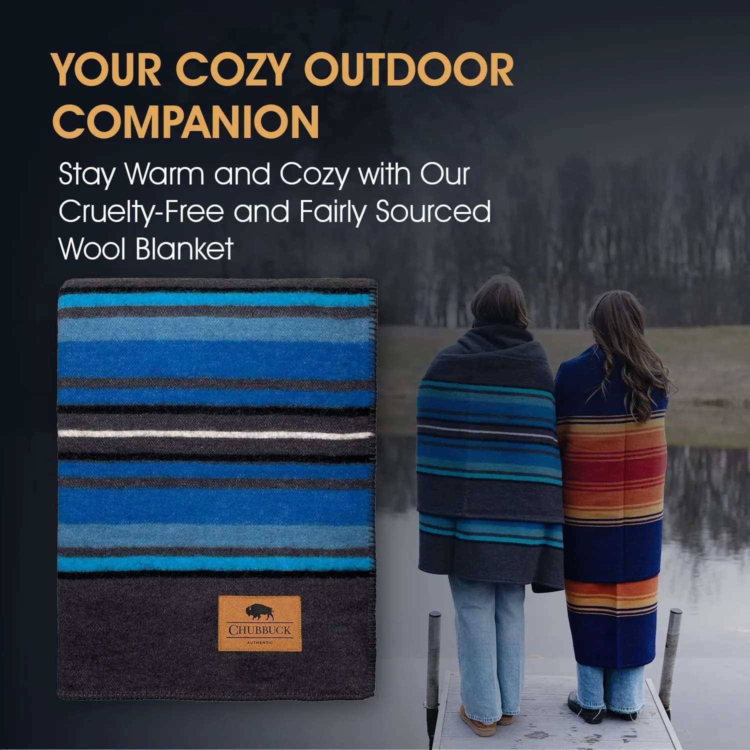 Chubbuck 100% Wool Blanket Camping (60" x 84") - Large Wool Blanket for Outdoor, Survival Kit, Emergency, Camping and Home Use - Fire Retardant, Soft and Warm Blankets for Winter (Lakeland)