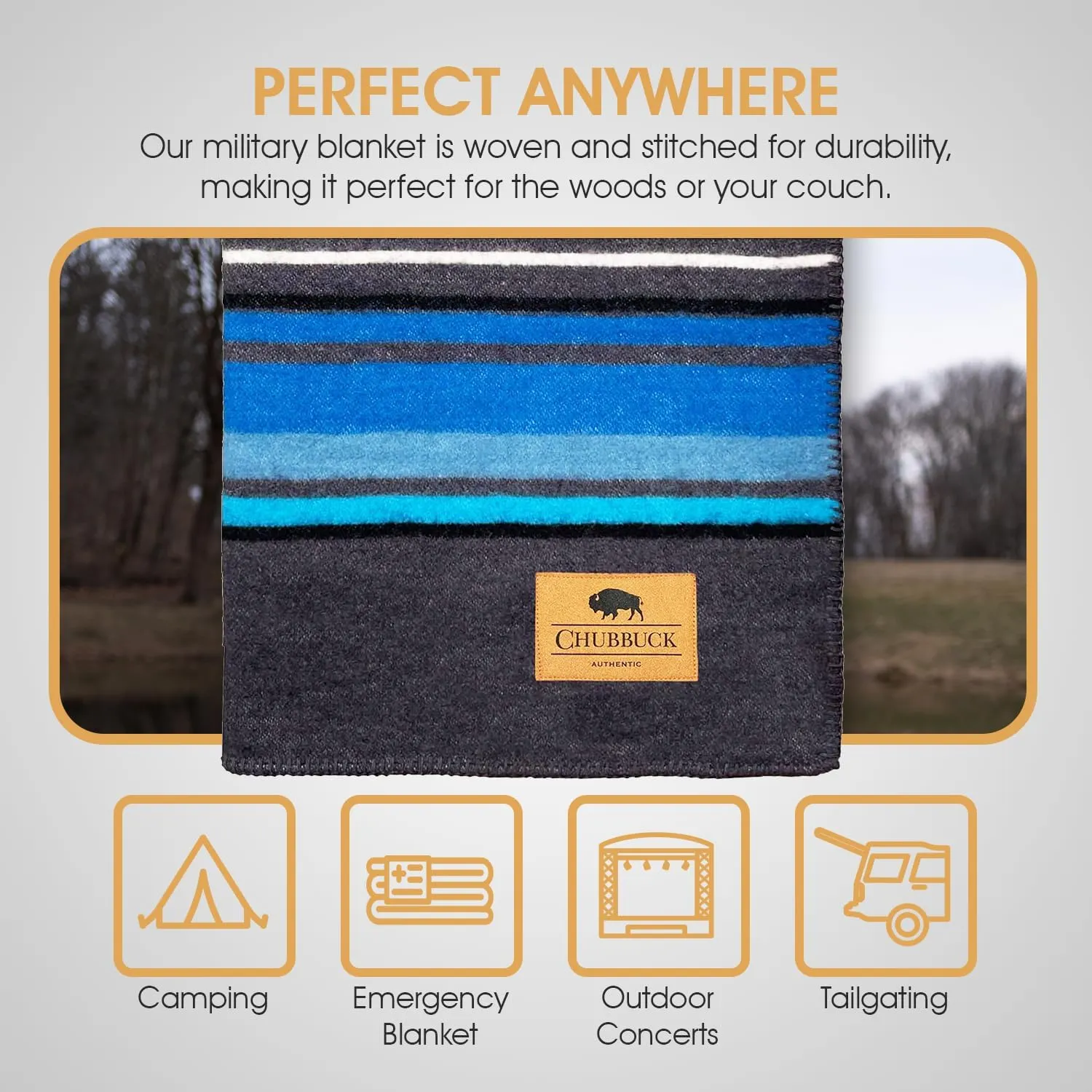 Chubbuck 100% Wool Blanket Camping (60" x 84") - Large Wool Blanket for Outdoor, Survival Kit, Emergency, Camping and Home Use - Fire Retardant, Soft and Warm Blankets for Winter (Lakeland)