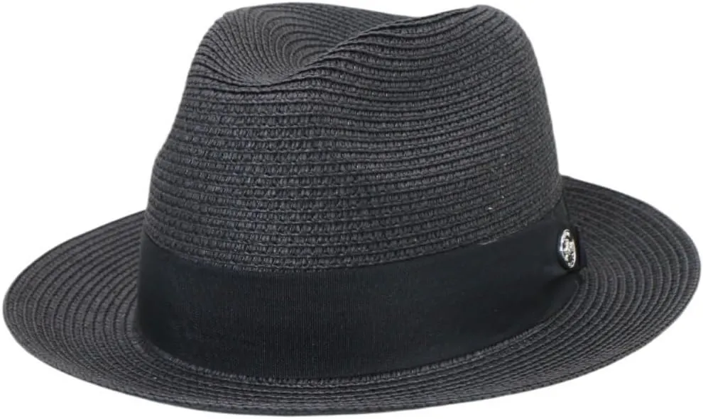 Classic Straw Fedora Hat, Brown Band with Decorative Button, Khaki