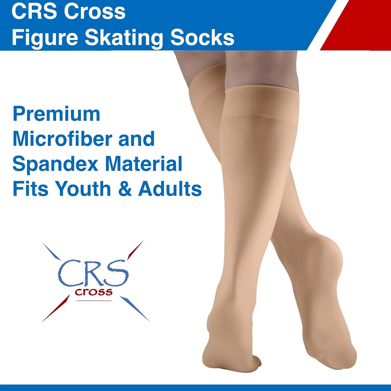 CRS Cross Figure Skating Socks. 2 Pair Knee High Tights. Premium Footed Ice Skate Dance Socks in a Variety of Colors.