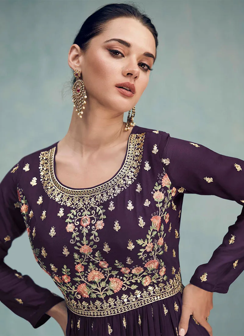 Deep Purple Sequence Embroidered Wedding Palazzo Suit