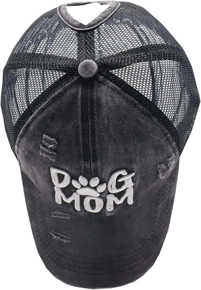 Dog Mom Ponytail Baseball Cap Messy Bun Vintage Washed Distressed Twill Plain Hat for Women