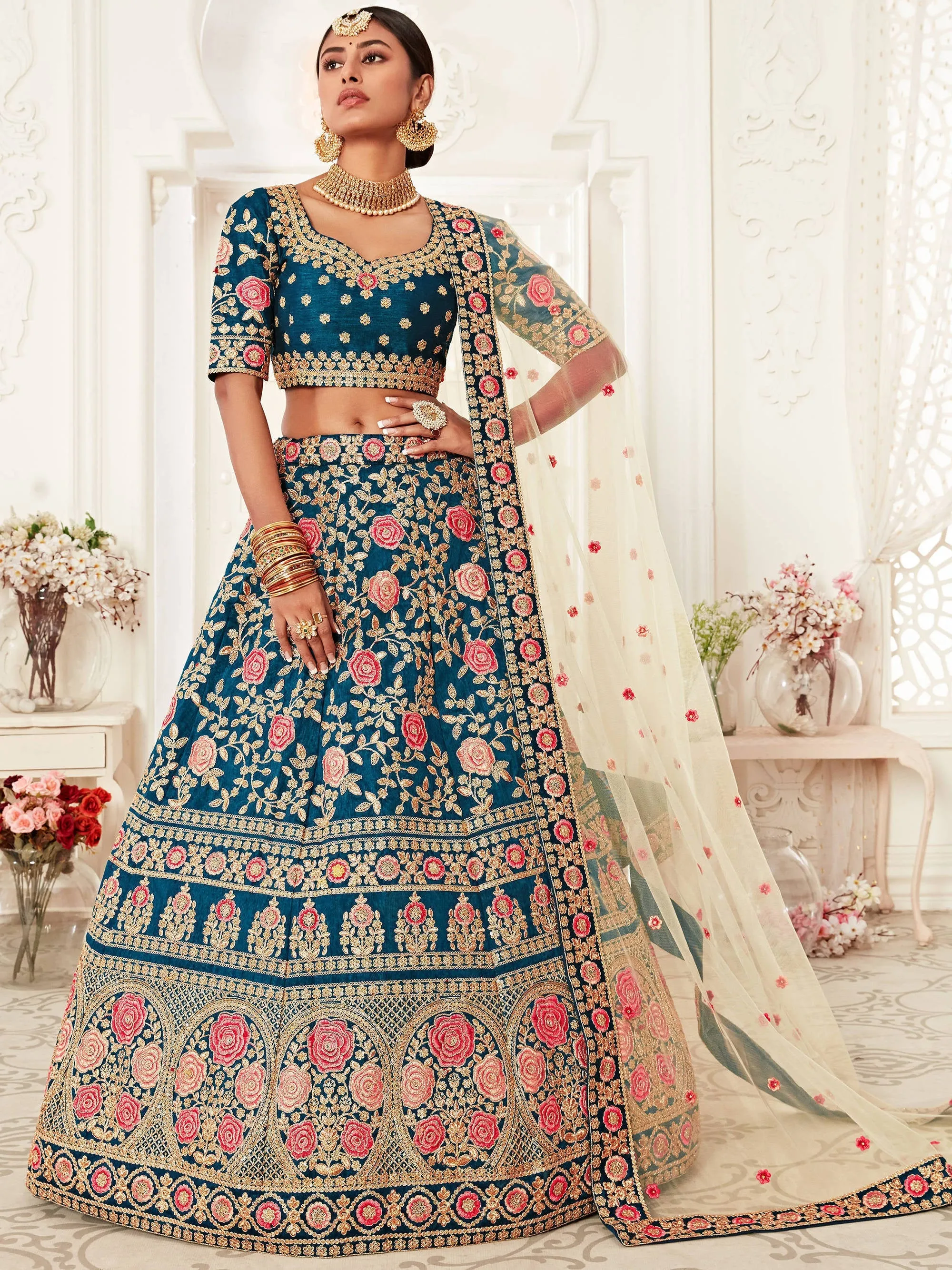 Elegant Blue Floral Embroidery Silk Wedding Lehenga Choli With Beige Dupatta