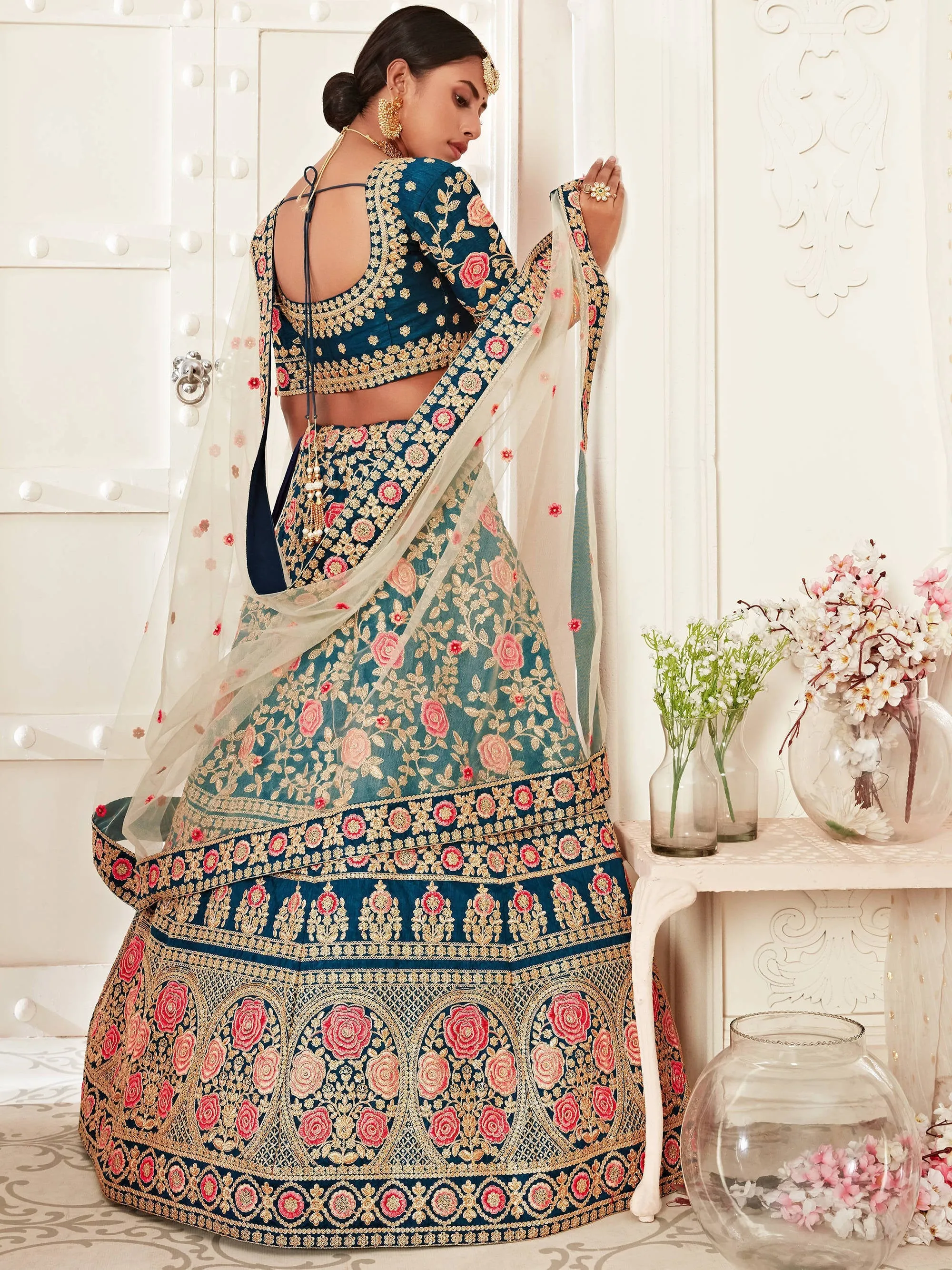Elegant Blue Floral Embroidery Silk Wedding Lehenga Choli With Beige Dupatta