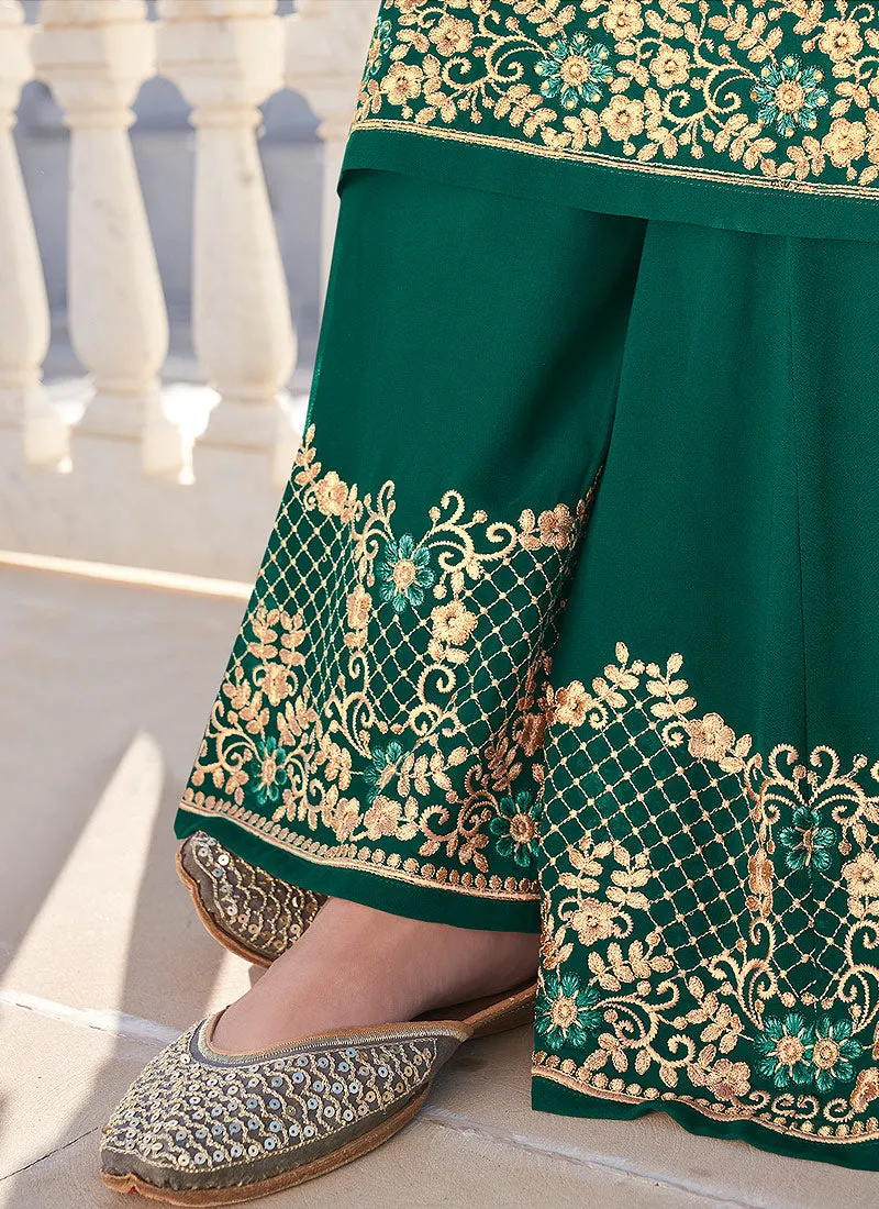 Green Golden Embroidered Gharara Palazzo Suit