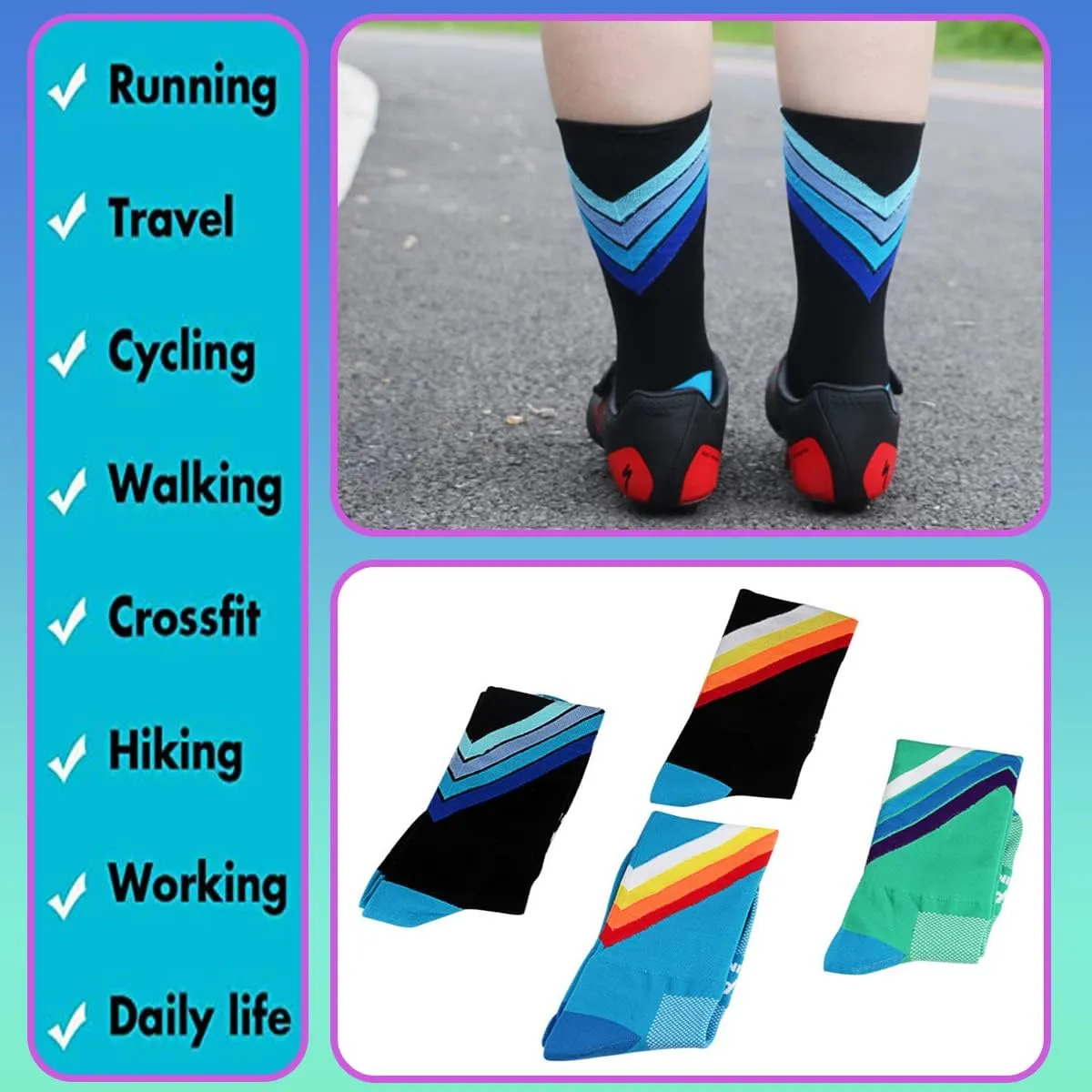 GuaziV Cycling Socks for Men & WomenColorful Compression Hiking Socks Running Socks for Travelling, Walking, Climbing