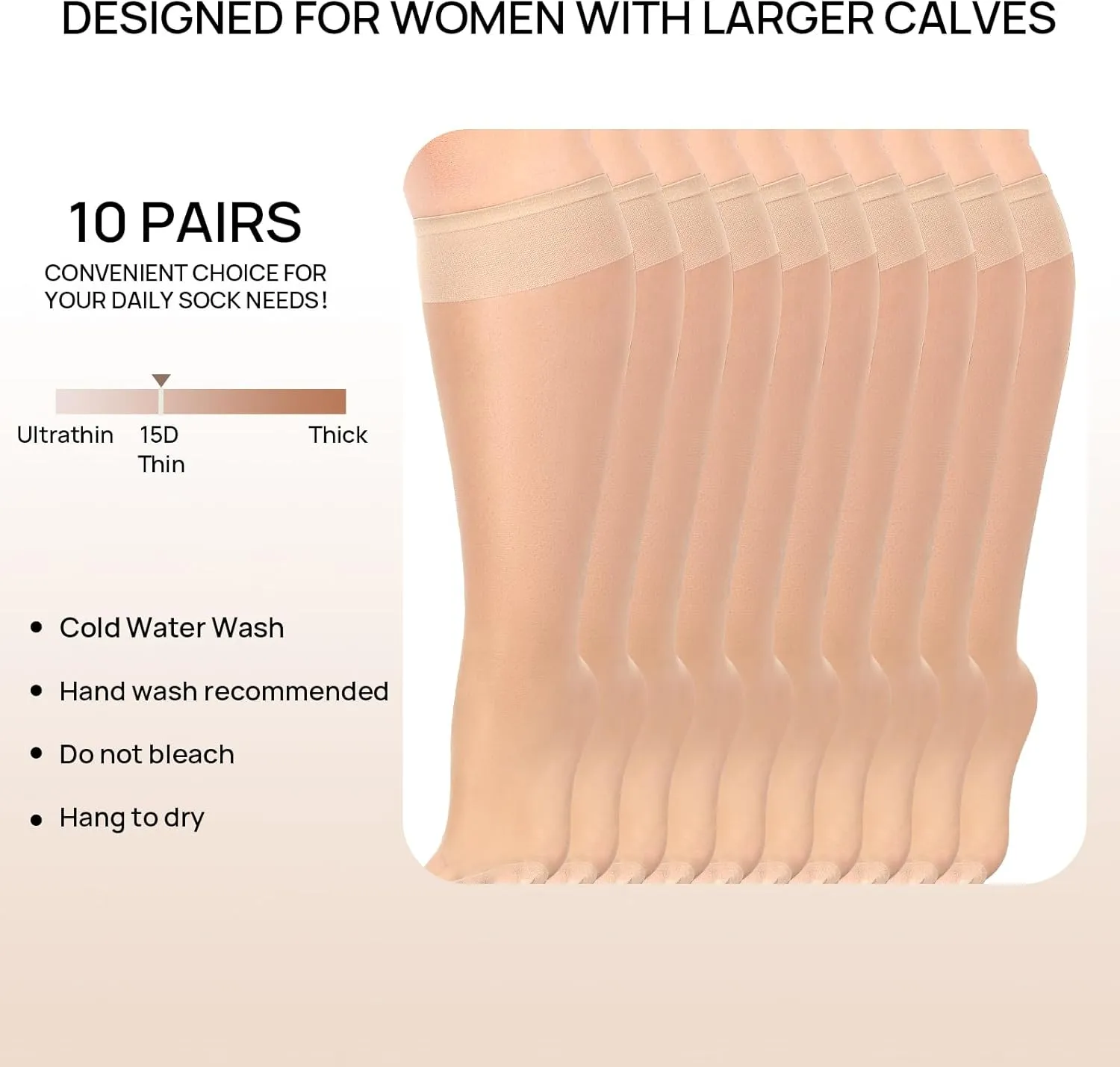 MANZI 10 Pairs Plus Size Knee High Stockings for Women 15D Sheer Nylons Socks with Wide Calf