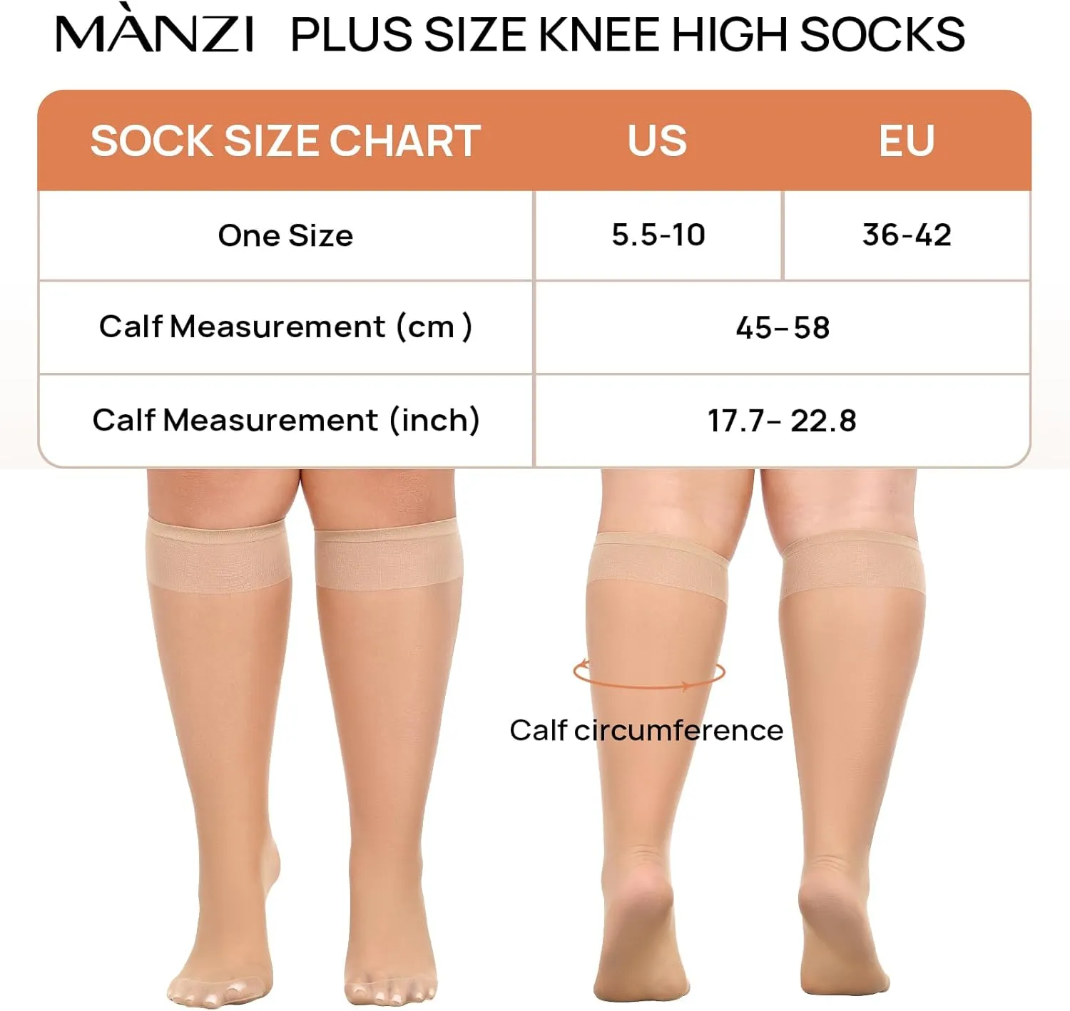 MANZI 10 Pairs Plus Size Knee High Stockings for Women 15D Sheer Nylons Socks with Wide Calf