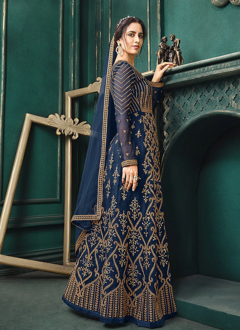 Navy Blue Traditional Embroidered Designer Indian Anarkali Suit