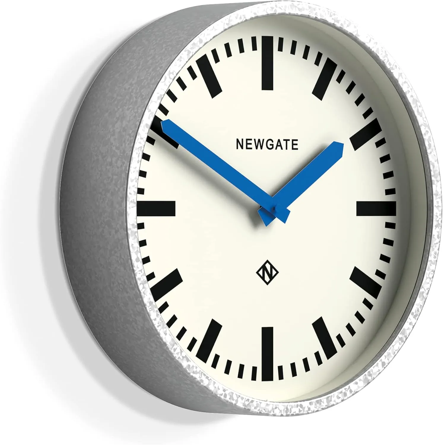 NEWGATE Luggage Wall Clock | Retro Inspired Modern Station Clock | 30cm | Deep galvanised Metal case with Blue Hands | Mid-Century Inspired for Kitchen, Living Room, or Office