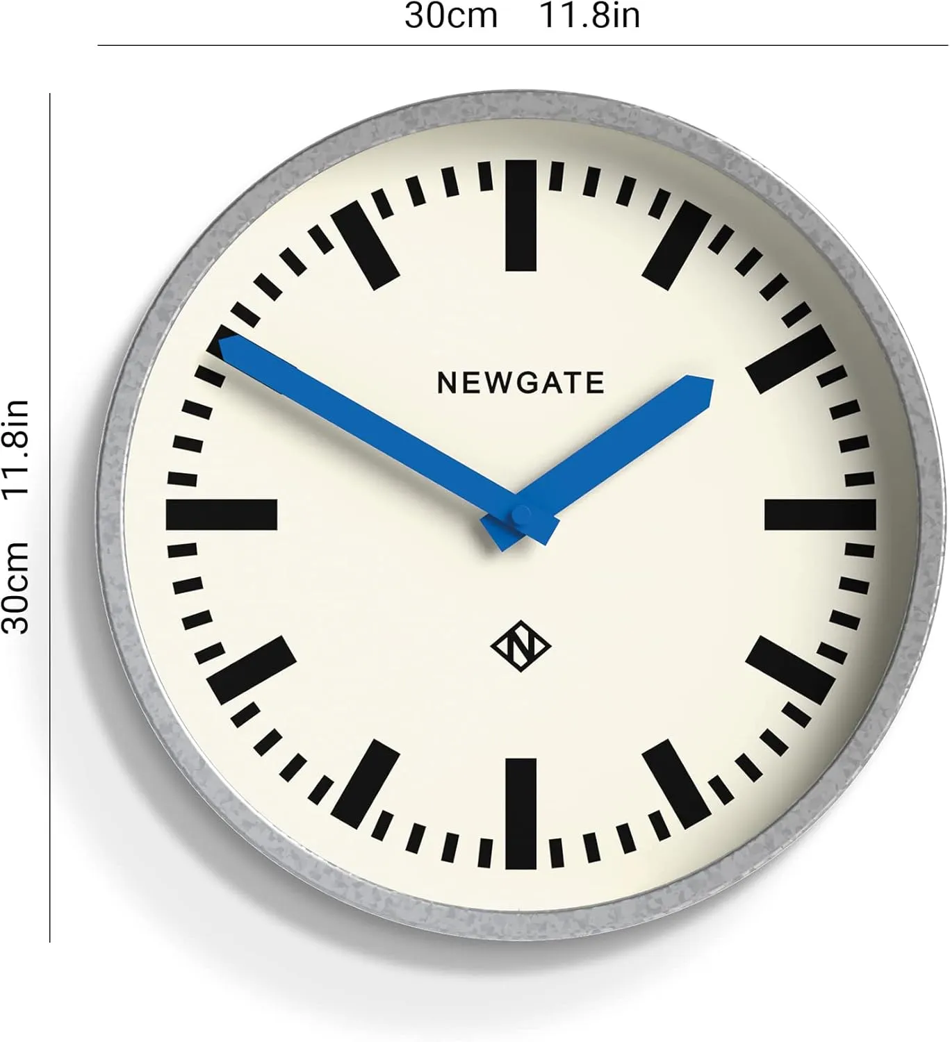 NEWGATE Luggage Wall Clock | Retro Inspired Modern Station Clock | 30cm | Deep galvanised Metal case with Blue Hands | Mid-Century Inspired for Kitchen, Living Room, or Office