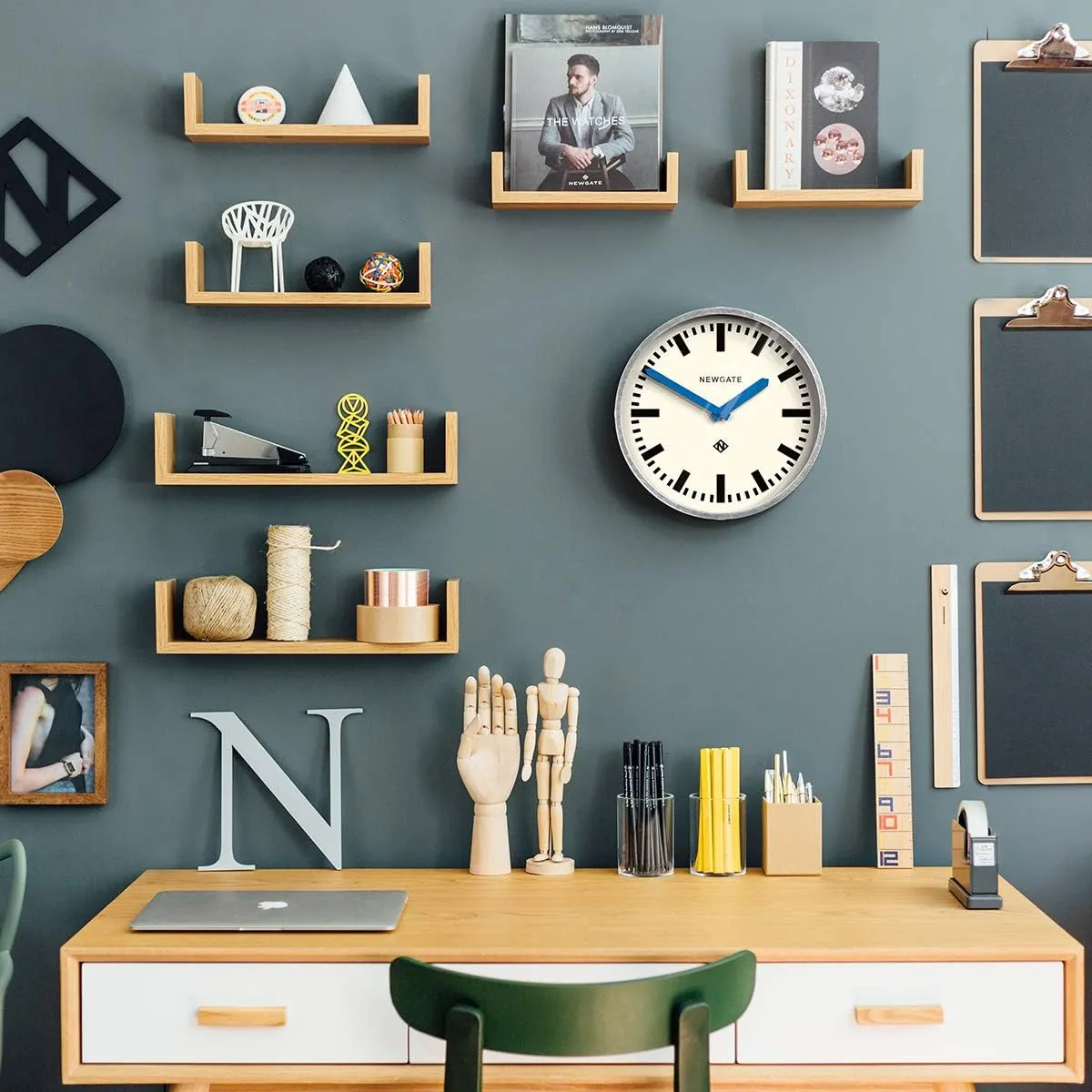 NEWGATE Luggage Wall Clock | Retro Inspired Modern Station Clock | 30cm | Deep galvanised Metal case with Blue Hands | Mid-Century Inspired for Kitchen, Living Room, or Office