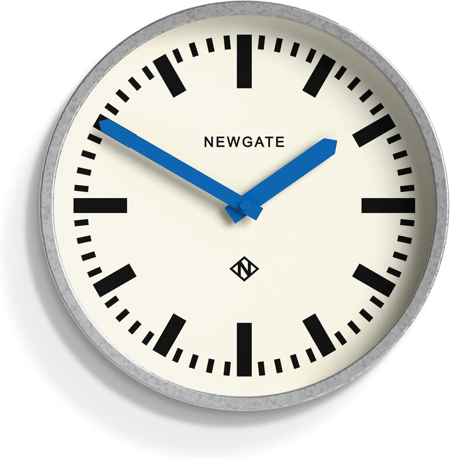 NEWGATE Luggage Wall Clock | Retro Inspired Modern Station Clock | 30cm | Deep galvanised Metal case with Blue Hands | Mid-Century Inspired for Kitchen, Living Room, or Office