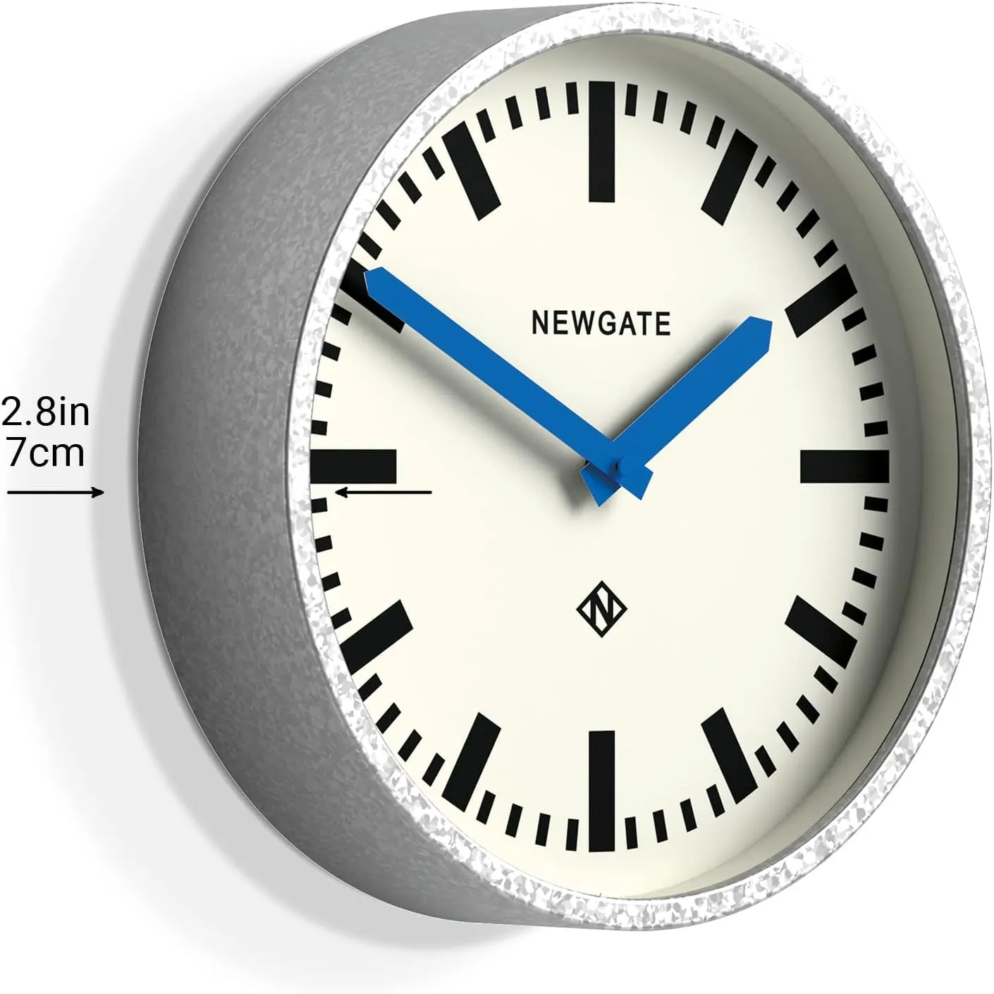 NEWGATE Luggage Wall Clock | Retro Inspired Modern Station Clock | 30cm | Deep galvanised Metal case with Blue Hands | Mid-Century Inspired for Kitchen, Living Room, or Office