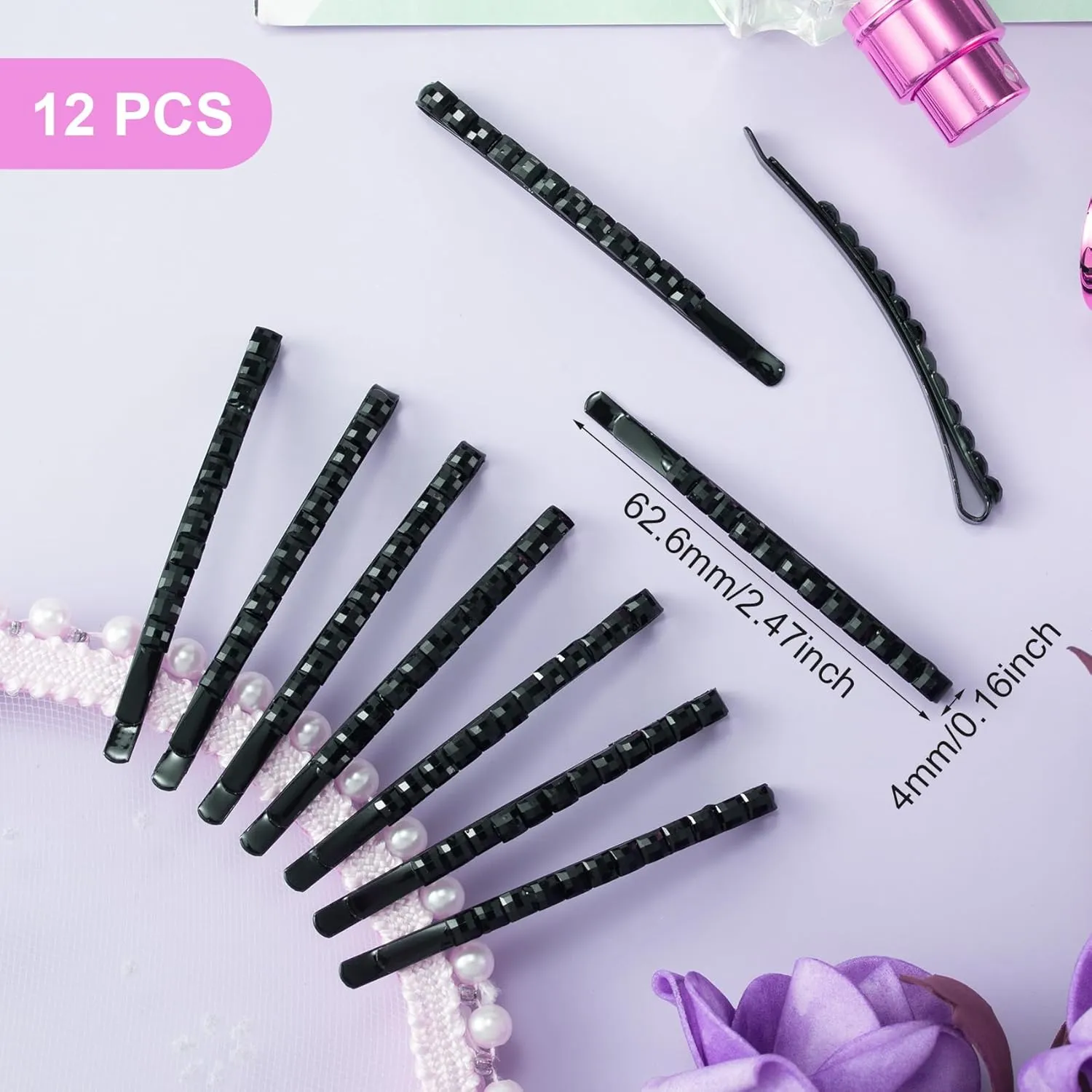 OIIKI 12 Pcs Black Rhinestone Bobby Pins, Shiny Crystal Diamond Hair Pins for Women, Metal Hair Barrettes Hairpins, Decorative Hair Accessories for Daily Use or Parties