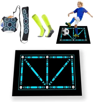Oversized 47x32 Inch Soccer Training Mat with Adjustable Elastic Cord & Grip Socks - Footstep Grid for Strength Agility, Youth to Pro Team Drills