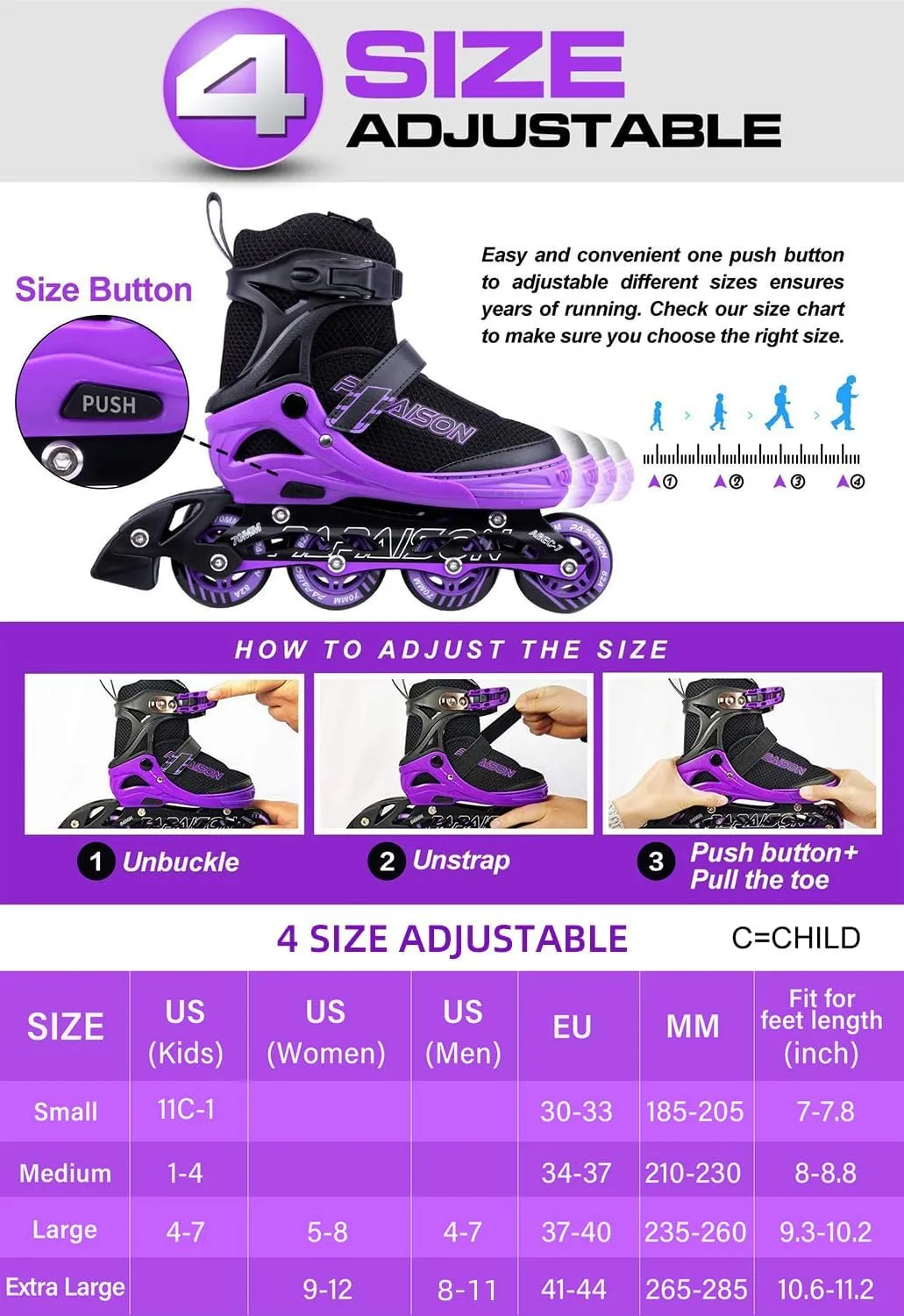 PAPAISON Adjustable Inline Skates for Kids and Adults with Full Light Up Wheels, Outdoor Roller Skates for Girls and Boys, Men and Women