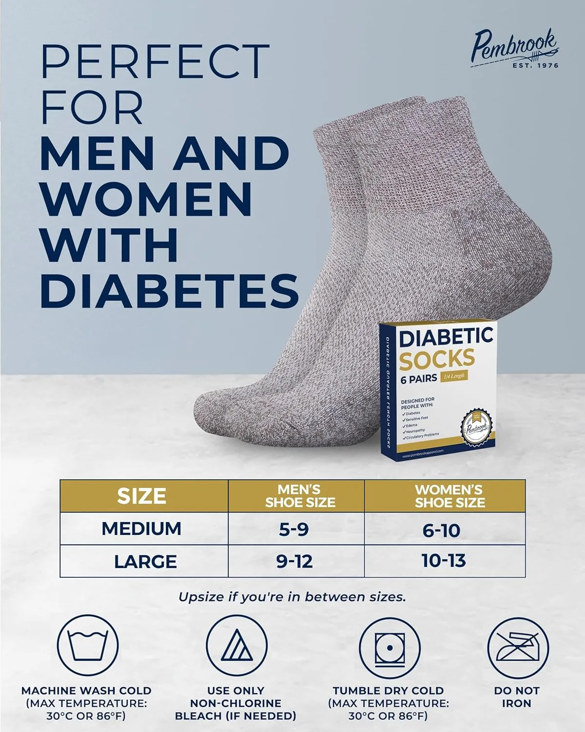Pembrook Ankle Diabetic Socks for Women & Men | 6 Pairs | Wide Non Binding Socks Quarter Length | Edema Neuropathy Socks