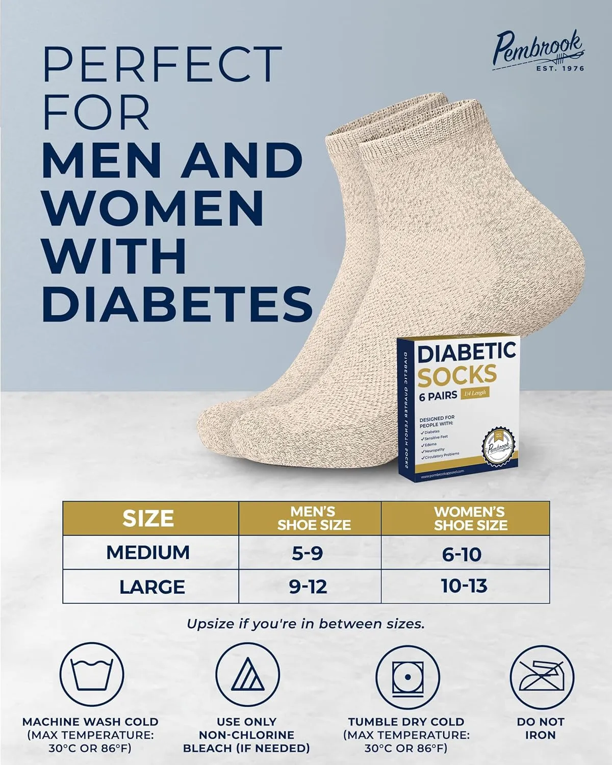 Pembrook Ankle Diabetic Socks for Women & Men | 6 Pairs | Wide Non Binding Socks Quarter Length | Edema Neuropathy Socks