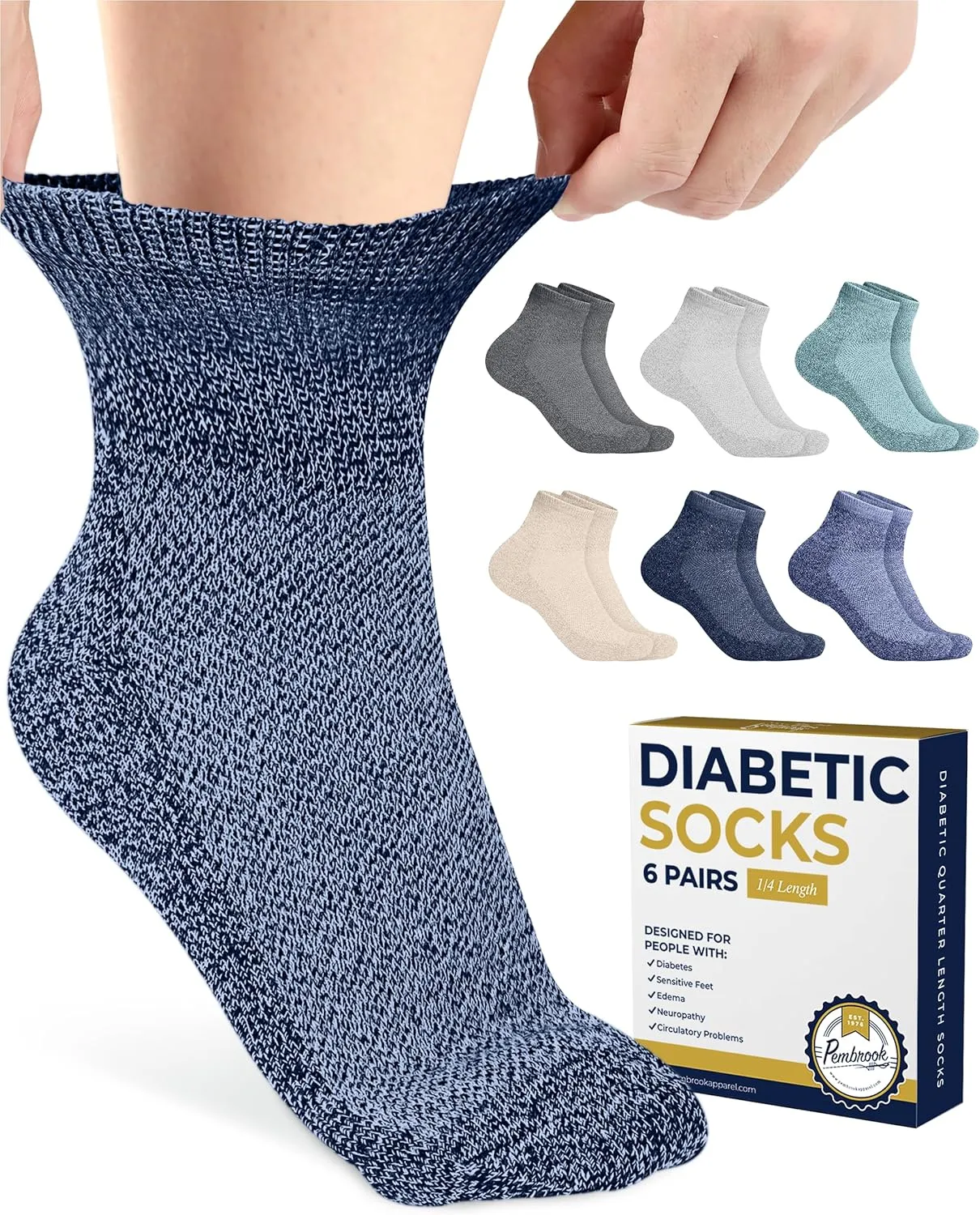 Pembrook Ankle Diabetic Socks for Women & Men | 6 Pairs | Wide Non Binding Socks Quarter Length | Edema Neuropathy Socks