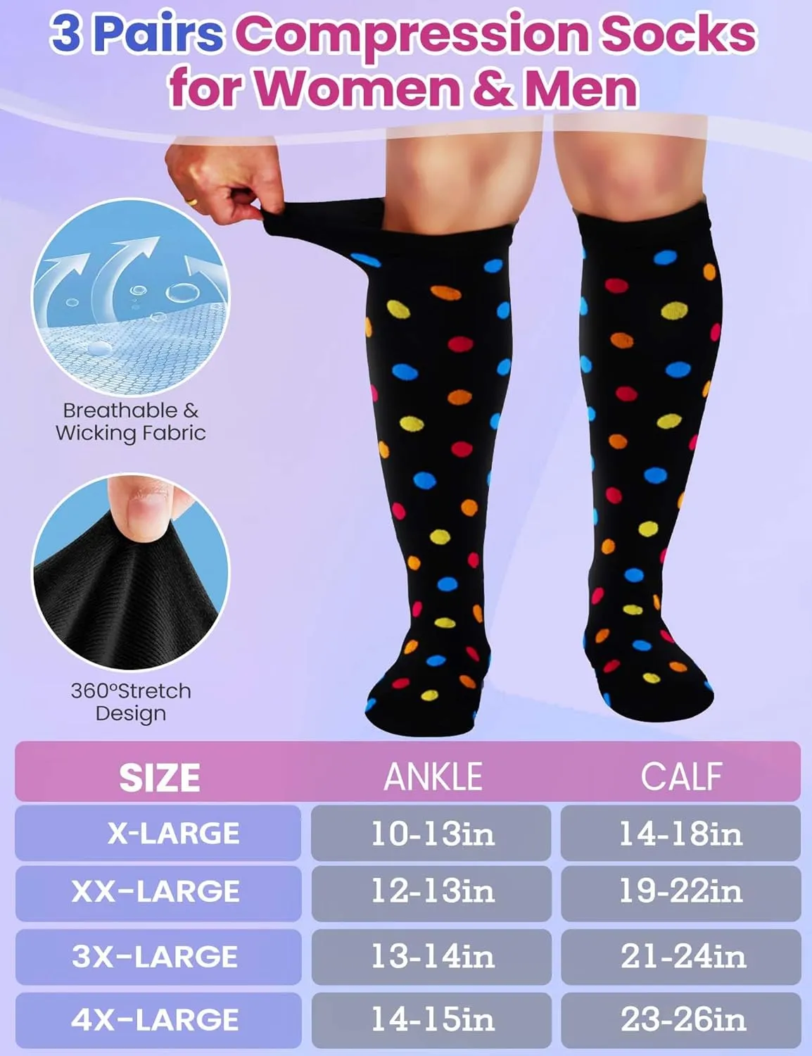 Plus Size Compression Socks for Women Men 3 Pairs Wide Calf Knee High Support for Circulatio for Nurses, Pregnancy