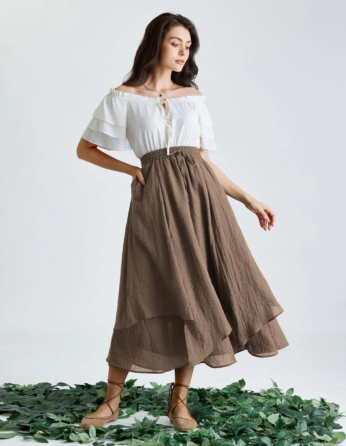 Scarlet Darkness Women Renaissance High Waist Skirt Double Layered Flowy Long Skirts