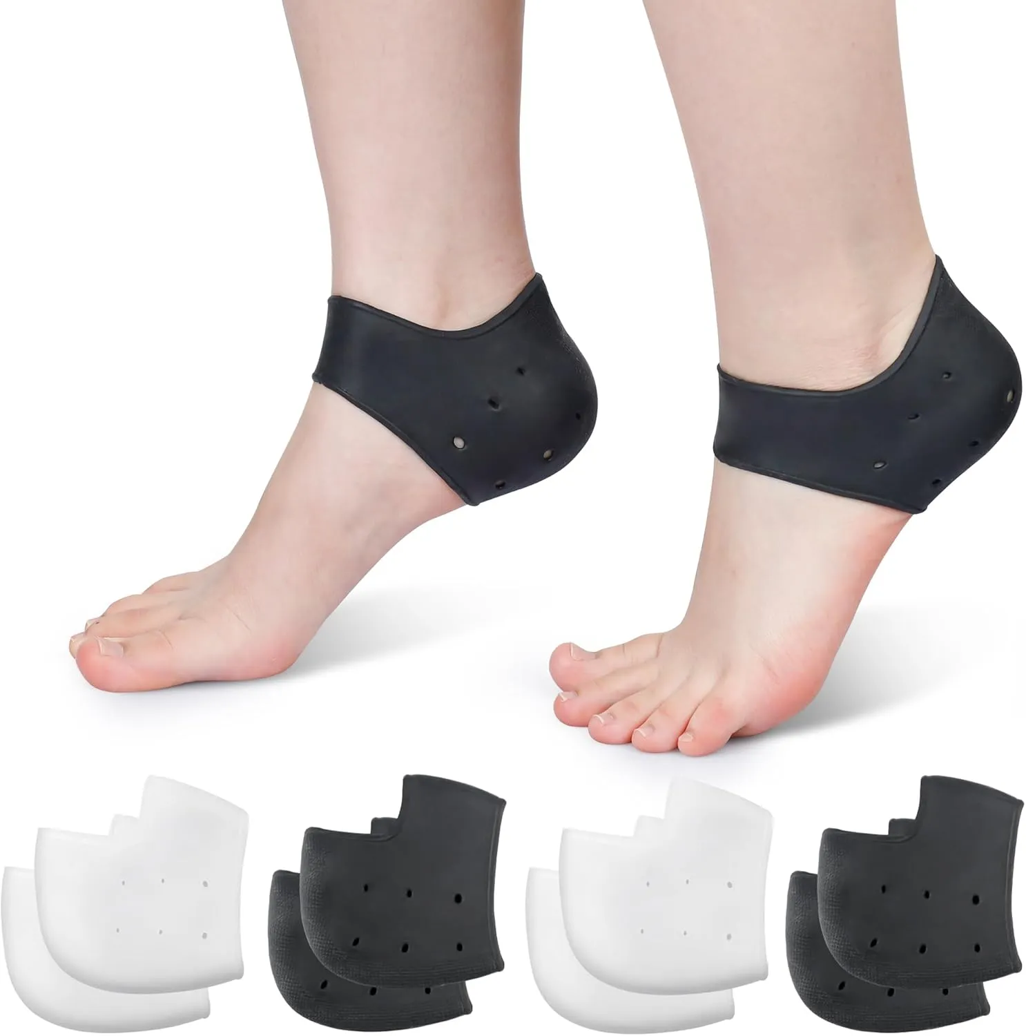 Silicone Heel Protectors for Cracked Heels, Heel Spurs, Plantar Fasciitis - Gel Heel Pads, 4 Pairs, Unisex, Black and White