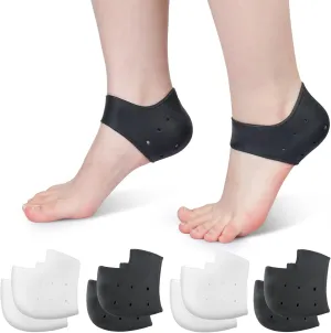 Silicone Heel Protectors for Cracked Heels, Heel Spurs, Plantar Fasciitis - Gel Heel Pads, 4 Pairs, Unisex, Black and White