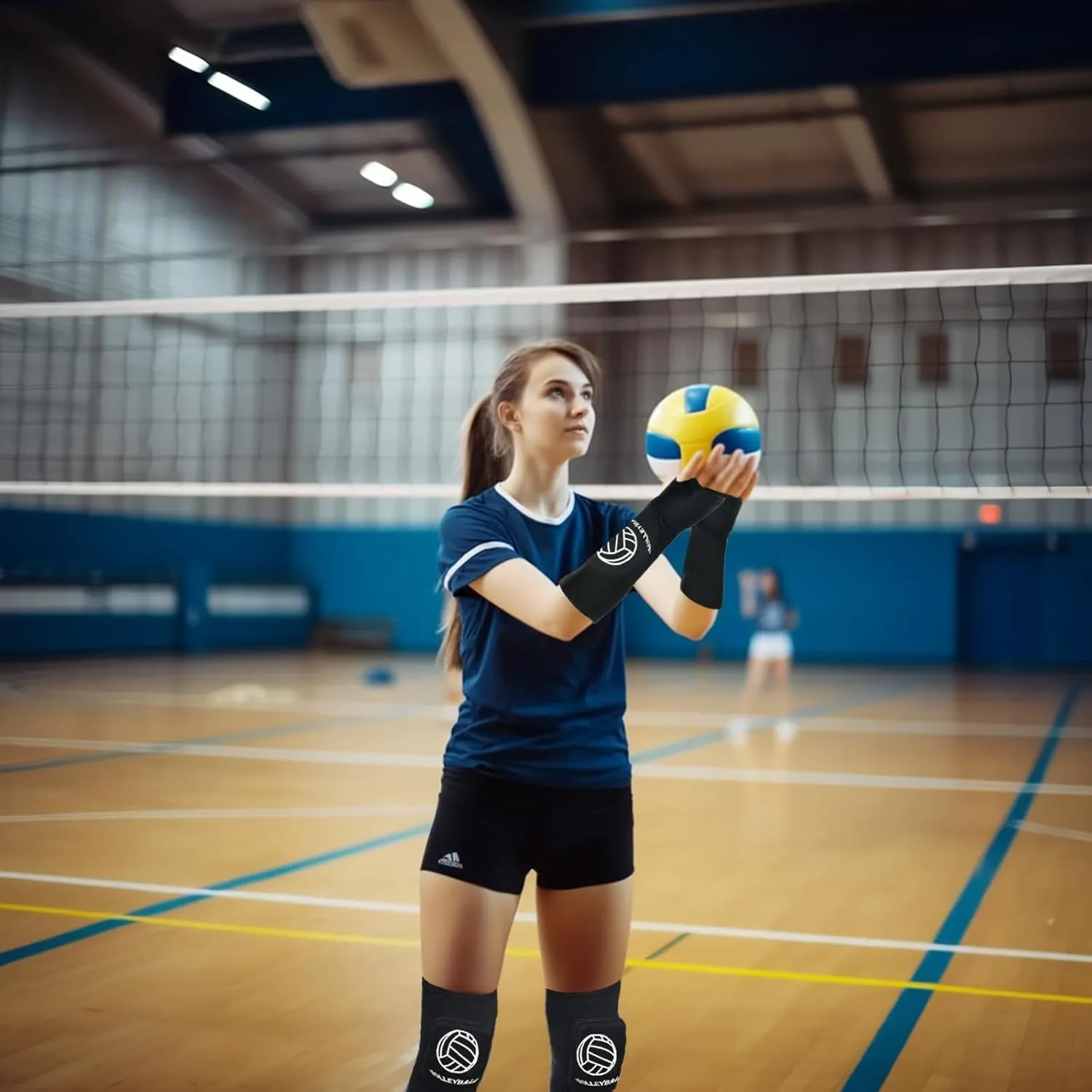Youth Volleyball Gears - Knee Pads, Arm Sleeves, Socks & Drawstring Bag for Youth, Teen Girls Volley-Ball Training and Games ( Black, Small )