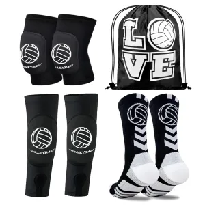 Youth Volleyball Gears - Knee Pads, Arm Sleeves, Socks & Drawstring Bag for Youth, Teen Girls Volley-Ball Training and Games ( Black, Small )