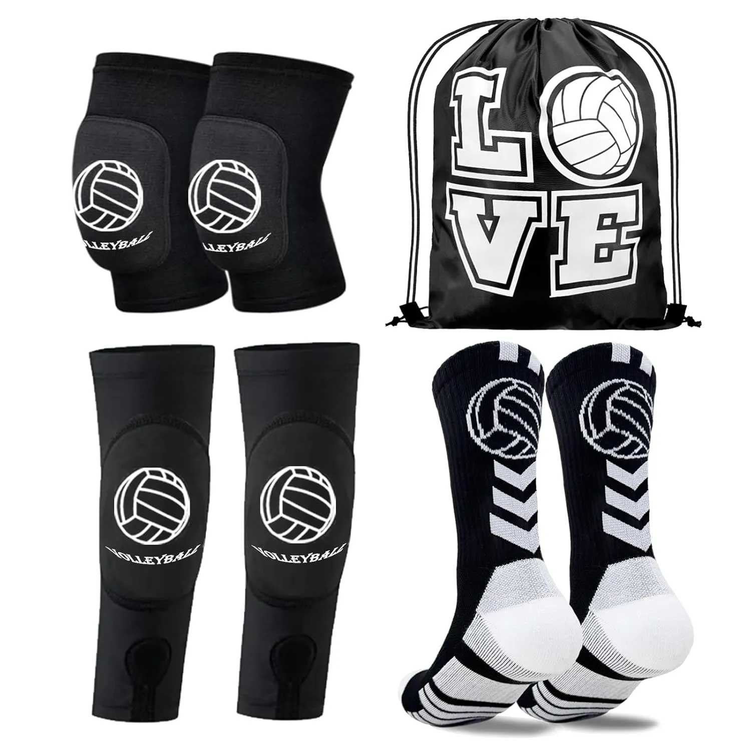 Youth Volleyball Gears - Knee Pads, Arm Sleeves, Socks & Drawstring Bag for Youth, Teen Girls Volley-Ball Training and Games ( Black, Small )